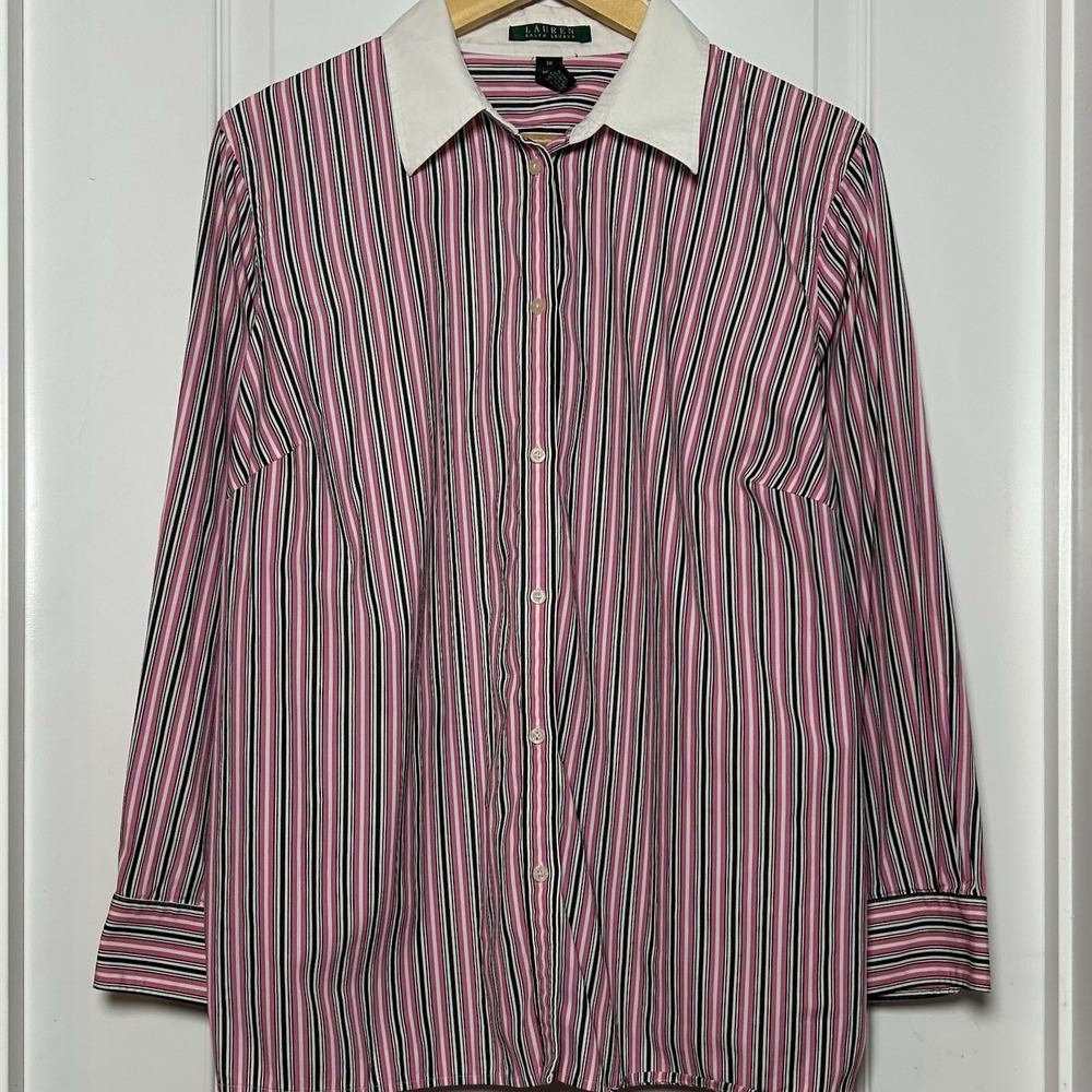 Lauren Ralph Lauren 100% Cotton Pink White Stripe Long Sleeve Button Up Shirt